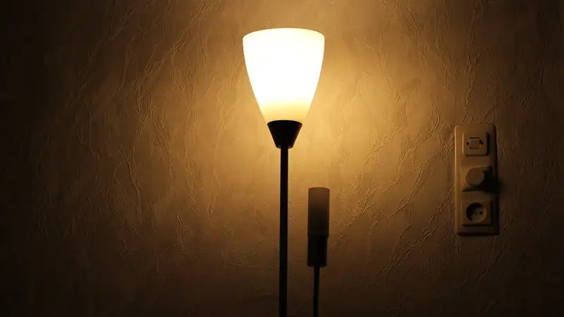 A floor lamp glowing against a textured wall beside a light switch and outlet.